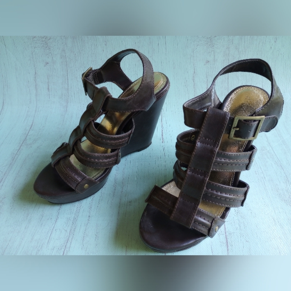 Xhilaration Wedge Brown Strappy Open Toe Heels: US Size 6